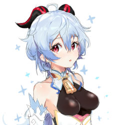 Rule 34 | 1girl, :o, ahoge, bell, blue hair, breasts, cowbell, detached sleeves, ganyu (genshin impact), genshin impact, hair between eyes, horns, long hair, medium breasts, open mouth, pinch (nesume), red eyes, simple background, solo, sparkle, upper body, white background