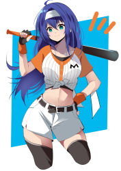 Rule 34 | 1girl, baseball bat, black gloves, black shirt, black thighhighs, blue hair, cropped legs, fe135700, fingerless gloves, fire emblem, fire emblem: path of radiance, fire emblem: radiant dawn, gloves, green eyes, hairband, hand on own hip, highres, holding, holding baseball bat, mia (fire emblem), midriff, navel, nintendo, shirt, short sleeves, shorts, simple background, smile, solo, t-shirt, thighhighs, tied shirt, white background, white hairband, white shorts, zettai ryouiki