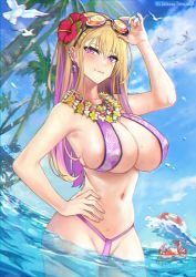 Rule 34 | 1girl, 504 gateway, bikini, bird, blonde hair, blush, boryeon (last origin), breasts, cleavage, cloud, crab, day, dove, earrings, flower, flower necklace, goggles, groin, hair flower, hair ornament, hand on own hip, highres, innertube, jewelry, large breasts, last origin, lei, long hair, looking at viewer, navel, necklace, outdoors, palm tree, pink eyes, sky, solo, swim ring, swimsuit, tree