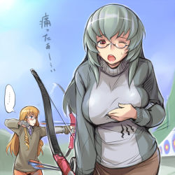 Rule 34 | ..., 00s, 2girls, archery, arrow (projectile), bespectacled, blonde hair, blue eyes, blush, bow (weapon), breast envy, breasts, casual, glasses, gloves, inconvenient breasts, large breasts, long hair, multiple girls, aged up, one eye closed, partially fingerless gloves, partly fingerless gloves, red eyes, rozen maiden, shinku, silver hair, single glove, suigintou, sweatdrop, sweater, tsuda nanafushi, weapon, wink, yugake