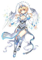 Rule 34 | 1girl, armor, armored boots, armored dress, blonde hair, boots, brave sword x blaze soul, breasts, cleavage, cleavage cutout, clothing cutout, collarbone, dress, full body, jewelry, large breasts, long hair, long sleeves, looking at viewer, masamune (brave sword x blaze soul), nardack, official art, pelvic curtain, puffy sleeves, short hair, simple background, smile, solo, sparkle, tiara, twintails, white background, wings