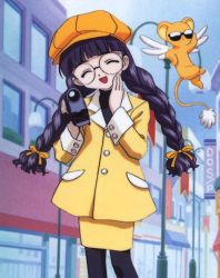 Rule 34 | 1990s (style), 1girl, ^ ^, braid, camcorder, camera, cardcaptor sakura, child, closed eyes, daidouji tomoyo, disguise, glasses, hand on own cheek, hand on own face, kero (cardcaptor sakura), lamppost, long hair, looking at viewer, official art, open mouth, outdoors, pencil skirt, retro artstyle, road, skirt, street, sunglasses, twin braids, video camera
