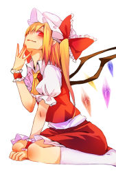 Rule 34 | 1girl, blonde hair, bow, fang, flandre scarlet, hair bow, hat, long hair, looking at viewer, mister rhino (wangzisama1001), red eyes, side ponytail, simple background, sitting, smile, solo, touhou, wariza, white background, white legwear, wings, wrist cuffs