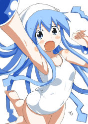 Rule 34 | 1girl, aoi manabu, armpits, barefoot, blue eyes, blue hair, derivative work, flat chest, hat, ikamusume, long hair, matching hair/eyes, one-piece swimsuit, open mouth, pov, shinryaku! ikamusume, sigma y, simple background, solo, swimsuit, tentacle hair, white one-piece swimsuit