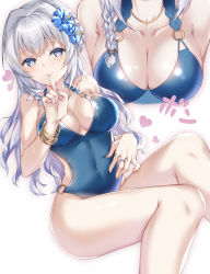Rule 34 | 1girl, absurdres, blue eyes, blue flower, blue one-piece swimsuit, blush, bracelet, breasts, casual one-piece swimsuit, cleavage, closed mouth, collarbone, covered navel, finger to mouth, flower, fuchi (0616tk), hair between eyes, hair flower, hair intakes, hair ornament, heart, heart-shaped pupils, hibiscus, highres, index finger raised, jewelry, long hair, looking at viewer, magia record: mahou shoujo madoka magica gaiden, mahou shoujo madoka magica, medium breasts, necklace, one-piece swimsuit, ring, shiny clothes, silver hair, simple background, smile, solo, swimsuit, symbol-shaped pupils, very long hair, white background, yakumo mitama, yakumo mitama (swimsuit costume)