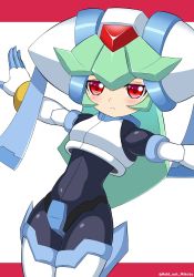 Rule 34 | 1girl, android, blush, bodysuit, breasts, closed mouth, gloves, green hair, helmet, highres, long hair, looking at viewer, mega man (series), mega man zx, mega man zx advent, mikoto000813, pandora (mega man), red eyes, simple background, solo
