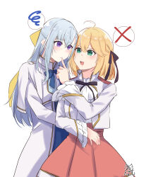 Rule 34 | 2girls, ahoge, akira miku ver, anisphia wynn palettia, arms around waist, ascot, blonde hair, blue bow, blush, bow, bowtie, braid, braided bangs, commentary request, dress, euphyllia magenta, finger to another&#039;s mouth, green eyes, grey hair, hair between eyes, hair bow, hair ribbon, highres, long hair, long sleeves, looking at another, multiple girls, open mouth, purple eyes, ribbon, shirt, simple background, skirt, smile, spoken squiggle, spoken x, squiggle, tensei oujo to tensai reijou no mahou kakumei, white background, white shirt, wide sleeves, yellow bow, yuri