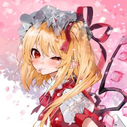 Rule 34 | 1girl, blonde hair, bow, bowtie, cherry blossoms, crystal wings, flandre scarlet, from side, gotou (nekocat), hair between eyes, hat, hat ribbon, light blush, long hair, looking at viewer, mob cap, mouth hold, one side up, pointy ears, puffy short sleeves, puffy sleeves, red bow, red bowtie, red eyes, red ribbon, red vest, ribbon, shirt, short sleeves, signature, smile, solo, touhou, uneven eyes, upper body, vest, white hat, white shirt