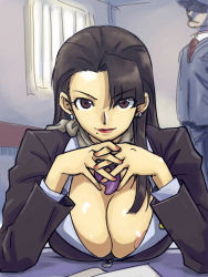Rule 34 | 1girl, ace attorney, areola slip, breasts, brown eyes, brown hair, capcom, cleavage, earrings, interlocked fingers, jewelry, large breasts, magatama, mia fey, michael f91, mole, mole under mouth, nipple slip, nipples, own hands clasped, own hands together, phoenix wright, solo, steepled fingers