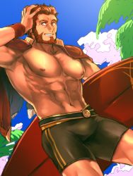 Rule 34 | 01rosso, 1boy, abs, alternate costume, bara, bare pectorals, beard, black jammers, black male swimwear, bulge, capelet, facial hair, fate/grand order, fate/zero, fate (series), hand on own head, holding, holding surfboard, iskandar (fate), jammers, large pectorals, male focus, male swimwear, manly, muscular, pectorals, red capelet, red eyes, red hair, short hair, solo, summer, surfboard, swimsuit, thighs