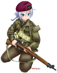 Rule 34 | 1girl, belt, beret, blue eyes, blue hair, blush, bolt action, braid, brown pants, camouflage, closed mouth, ebifly, green jacket, gun, hair between eyes, hat, holding, holding gun, holding weapon, jacket, lee-enfield, long sleeves, military, original, pants, pouch, rifle, simple background, single braid, sitting, soldier, solo, trigger discipline, twitter username, weapon, white background