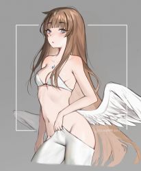 Rule 34 | 1girl, bare arms, bare shoulders, blue eyes, blunt bangs, breasts, brown hair, commentary, cowboy shot, cropped legs, english commentary, feathered wings, grey background, groin, highres, long hair, looking at viewer, low wings, navel, original, parted lips, sidelocks, simple background, small breasts, solo, terupancake, twitter username, very long hair, white wings, wings