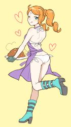 Rule 34 | 1girl, ;q, apron, ass, bikini, blue eyes, blue footwear, boots, creatures (company), curry, curry rice, food, game freak, gloves, grey gloves, hair ornament, halterneck, heart, heart hair ornament, highres, holding, holding plate, long hair, looking at viewer, nintendo, nokataro, one eye closed, orange hair, plate, pokemon, pokemon swsh, purple apron, rice, shoulder blades, side-tie bikini bottom, side ponytail, simple background, solo, sonia (pokemon), standing, standing on one leg, swimsuit, tongue, tongue out, white bikini, yellow background