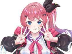 1girl :t black_hoodie black_ribbon blue_eyes blush bow breasts center_frills closed_mouth collared_shirt commentary_request fingernails frilled_shirt frills gradient_hair hair_bow hair_ornament hair_ribbon hairclip hands_up highres hood hoodie jewelry kuramochi_meruto kuramochi_meruto_(1st_costume) long_hair long_sleeves looking_at_viewer multicolored_hair nail_polish neck_ribbon nijisanji partial_commentary pink_bow pink_hair pink_hoodie pink_nails pink_ribbon polka_dot polka_dot_ribbon ribbon ring shirt side_ponytail simple_background solo two-tone_hoodie v-shaped_eyebrows virtual_youtuber white_background white_shirt yu-ki_(user_dttw2327)