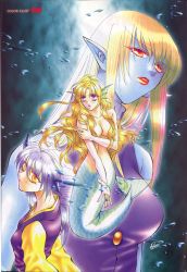 Rule 34 | 1990s (style), 3girls, arm grab, artist request, aulbath, blonde hair, blue skin, bubble, capcom, colored skin, dated, fins, gallon (vampire), gender request, genderswap, head fins, highres, jedah dohma, light purple hair, lipstick, long hair, makeup, mermaid, midnight bliss, monster girl, multiple girls, orange eyes, outstretched hand, parted lips, pointy ears, purple eyes, red eyes, red lips, retro artstyle, signature, topless, vampire (game), very long hair, wavy hair
