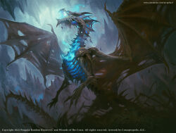 animal_focus blue_eyes bone claws commentary company_name copyright_notice dragon dragotha dungeons_&amp;_dragons english_commentary glowing glowing_eye glowing_mouth highres horns joshua_raphael lich monster no_humans official_art open_mouth ribs skeleton solo stalactite stalagmite tail torn_wings undead watermark web_address western_dragon wings