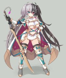 Rule 34 | 1girl, armor, black gloves, black hair, black thighhighs, boots, breasts, cape, commentary request, contrapposto, crossed bangs, dot nose, elbow gloves, full body, gloves, gold trim, green background, green eyes, grey hair, hair between eyes, hand on own hip, heios (sennen sensou aigis), heterochromia, highres, holding, holding sword, holding weapon, koyagi, large breasts, leg armor, light smile, long hair, looking at viewer, multicolored hair, navel, pelvic curtain, red eyes, revealing clothes, sennen sensou aigis, simple background, solo, split-color hair, standing, sword, thigh boots, thighhighs, twintails, two-tone hair, underboob, vambraces, very long hair, weapon