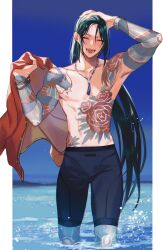 Rule 34 | 1boy, bead necklace, beads, fate/grand order, fate (series), flower tattoo, full-body tattoo, hand on own head, holding, holding clothes, holding jacket, jacket, jewelry, katagiri (mighty swing), long hair, male focus, necklace, ocean, open mouth, partially submerged, tattoo, teeth, topless male, wading, wet, wet hair, yan qing (fate)