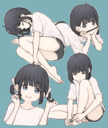 Rule 34 | 1girl, 1ssakawaguchi, absurdres, applying pedicure, barefoot, black eyes, black hair, bob cut, clipping nails, clipping toenails, closed eyes, dolphin shorts, highres, lying, nail clippers, on side, original, pencil, pencil as mustache, short shorts, shorts, simple background, sitting, twintails