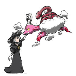Rule 34 | 1girl, arm up, black choker, black dress, black headwear, blacknirrow, choker, closed mouth, cloud, cogita (pokemon), collarbone, commentary, creatures (company), dress, elbow gloves, enamorus, enamorus (incarnate), english commentary, from side, full body, furrowed brow, game freak, gloves, grey eyes, grey hair, hat, heart, medium hair, nintendo, outstretched arm, pokemon, pokemon legends: arceus, sideways mouth, simple background, smile, standing, sun hat, white background, white gloves