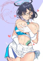Rule 34 | 1girl, alternate costume, doodle sensei (blue archive), bare shoulders, black hair, blue archive, blush, breasts, cheerleader, chihiro (blue archive), closed eyes, closed mouth, collarbone, covering privates, covering breasts, covering crotch, cowboy shot, embarrassed, glasses, gloves, grabbing, grabbing another&#039;s breast, hair between eyes, hair ornament, halo, heart, highres, large breasts, mapputatsu (freewilly), midriff, millennium cheerleader outfit (blue archive), miniskirt, navel, panties, pleated skirt, sensei (blue archive), side-tie panties, simple background, skirt, skirt tug, star sticker, sticker on face, stomach, string panties, sweat, tattoo, thighs, undersized clothes, underwear, white gloves