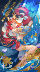 Rule 34 | 1girl, absurdres, aqua eyes, blue gemstone, blue skirt, bracer, breasts, circlet, crop top, dancer, dancing, detached sleeves, fake horns, floating hair, flower, from side, gem, genshin impact, gladiator sandals, gold footwear, gold trim, harem outfit, highres, horns, legs, long hair, long sleeves, looking at viewer, looking to the side, low twintails, nilou (genshin impact), parted lips, puffy long sleeves, puffy sleeves, sandals, sannak.s, skirt, small breasts, smile, solo, tassel, thighlet, twintails, veil, water, white headwear, x arms