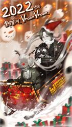 Rule 34 | 1boy, 1girl, 2022, antlers, black gloves, charon (project moon), chinese zodiac, christmas, coat, dress, gloves, grey dress, grey hair, hat, highres, horns, limbus company, nai ga, official art, project moon, red eyes, red nose, santa hat, sled, snow, snowman, string lights, striped, striped coat, vergilius (project moon), year of the tiger