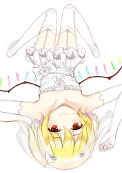 Rule 34 | 1girl, alternate costume, arm up, bare shoulders, blonde hair, bow, collarbone, commentary, crystal, dress, elbow gloves, flan (seeyouflan), flandre scarlet, flat chest, flower, frills, garter straps, gloves, hair between eyes, highres, lace trim, looking at viewer, lying, no shoes, on back, red eyes, rose, sash, short dress, short hair, simple background, smile, solo, strapless, strapless dress, thighhighs, touhou, veil, wedding dress, white background, white bow, white dress, white flower, white gloves, white rose, white sash, white thighhighs, wings, zettai ryouiki