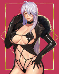 Rule 34 | 1girl, ahoge, ara han, bare hips, black gloves, black one-piece swimsuit, breasts, character request, closed mouth, collar, cowboy shot, earrings, elbow gloves, elsword, facial mark, fur, gloves, groin, hair between eyes, hand on own hip, hand up, highres, jewelry, large breasts, latex, long hair, looking at viewer, navel, on (isk1812), one-piece swimsuit, red lips, revealing clothes, silver hair, smile, solo, stomach, swimsuit, two-tone background, underboob, uniform, whisker markings, yellow eyes