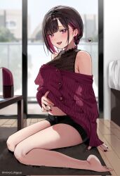 Rule 34 | 1girl, :d, bare shoulders, barefoot, black hair, black hairband, black nails, black shorts, blush, breasts, brown hair, cardigan, chigusa minori, cleavage, colored inner hair, commentary request, covered collarbone, full body, gradient nails, hairband, highres, indoors, large breasts, looking at viewer, midriff, multicolored hair, nail polish, navel, off shoulder, open mouth, purple eyes, purple hair, purple nails, red cardigan, see-through, see-through cleavage, shino to ren, shirayuki ren, short braid, short hair, shorts, sitting, smile, solo, thighs, tongue, tongue out, twitter username, two-tone hair, wariza