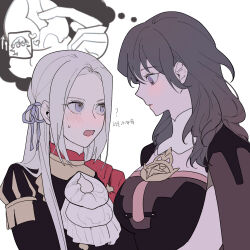 Rule 34 | 2girls, ascot, b (wldms6650), black dress, black jacket, blush, breast pocket, byleth (female) (fire emblem), byleth (fire emblem), cape, cleavage cutout, clothing cutout, commentary request, dress, edelgard von hresvelg, fire emblem, fire emblem: three houses, hair ribbon, heart, highres, imagining, jacket, korean text, looking at breasts, multiple girls, nintendo, open mouth, parted lips, pocket, purple eyes, purple hair, purple ribbon, red cape, ribbon, simple background, sweatdrop, translation request, upper body, white ascot, white background, white hair, yuri
