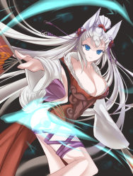 Rule 34 | 10s, 1girl, animal ears, blue eyes, breasts, cleavage, detached sleeves, erune, hand fan, female focus, fox ears, fox tail, fur trim, granblue fantasy, highres, large breasts, long hair, looking at viewer, marionette (excle), parted lips, silver hair, smile, societte (granblue fantasy), solo, tail, very long hair, wolf ears