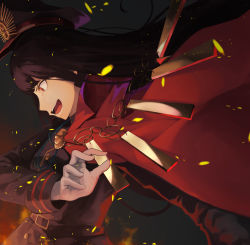 Rule 34 | 1girl, black background, black hair, cape, collared cape, fate/grand order, fate (series), fire, hat, highres, long hair, looking down, mori yashiro (konkon oyashiro), oda nobunaga (fate), oda nobunaga (koha-ace), oda nobunaga (maou avenger) (fate), open mouth, popped collar, red cape, red eyes, solo, uniform, very long hair