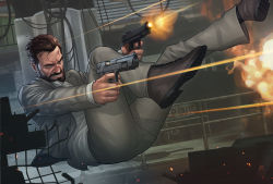 Rule 34 | 1boy, absurdres, aiming, ammunition, artist name, beard, black facial hair, black footwear, black hair, brick wall, brown hair, cable, caution tape, clenched teeth, desert eagle, dodging, dress shirt, dual wielding, english text, facial hair, fighting, firing, grey jacket, grey pants, grey theme, gun, handgun, highres, holding, holding gun, holding weapon, indoors, industrial, jacket, jumping, keep out, m1911, male focus, max payne, max payne (series), midair, mustache, muzzle flash, open mouth, pants, patrick brown, projectile trail, railing, realistic, shell casing, shirt, shoes, short hair, sign, sparks, suit jacket, teeth, projectile trail, unbuttoned jacket, watermark, weapon, white shirt, wire, wrinkled skin