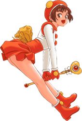 Rule 34 | 1girl, boots, brown eyes, brown hair, dithering, full body, gloves, gouketsuji ichizoku, hananokouji kurara, hat, holding, holding wand, long sleeves, looking at viewer, magical girl, miniskirt, official art, open mouth, red footwear, red gloves, red skirt, short hair, simple background, skirt, solo, two-handed, wand, white background