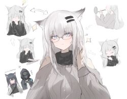 Rule 34 | 1other, 2girls, animal ears, arknights, black coat, coat, doctor (arknights), glasses, grey hair, hair straightener, hand mirror, highres, lappland (arknights), light bulb, long hair, makeup brush, mebe (teadia violet), mirror, multiple girls, ribbed sweater, scar, solo focus, spoken light bulb, sweater, texas (arknights), translation request, wolf ears