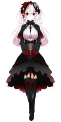 Rule 34 | 1girl, absurdres, april fools, black dress, black gloves, black thighhighs, blush, breasts, commentary, doll joints, dress, full body, garter straps, gloves, gradient hair, highres, joints, large breasts, long hair, looking at viewer, multicolored hair, navel, original, pink hair, red eyes, sera makina, simple background, solo, thighhighs, twintails, underboob, vane (vane0), virtual youtuber, white background, white hair
