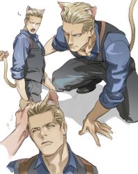 Rule 34 | 2boys, albert wesker, animal ears, black pants, black vest, blonde hair, blue shirt, brown eyes, cat boy, cat ears, cat tail, chris redfield, closed eyes, closed mouth, collared shirt, male focus, multiple boys, open mouth, pants, resident evil, resident evil 1, shirt, short hair, simple background, solo focus, tail, tatsumi (psmhbpiuczn), vest, white background, yaoi
