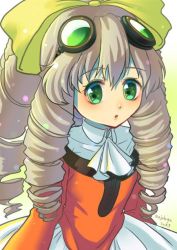 Rule 34 | 1girl, bow, dated, dress, drill hair, goggles, goggles on head, green eyes, hair bow, long hair, looking at viewer, majohope, maria balthasar, open mouth, simple background, solo, xenogears, yellow bow
