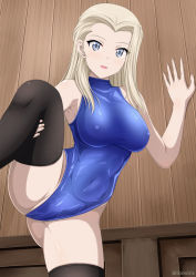 Rule 34 | 1girl, black thighhighs, blonde hair, blue eyes, blue leotard, breasts, clara (girls und panzer), commentary request, covered erect nipples, covered navel, cowboy shot, forehead, girls und panzer, inoshira, large breasts, leg up, leotard, long hair, solo, split, standing, standing on one leg, standing split, thighhighs, turtleneck, twitter username, wooden wall