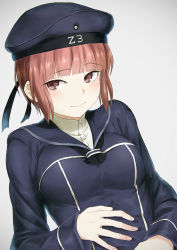 Rule 34 | 10s, 1girl, beret, blunt bangs, blush, brown eyes, brown hair, clothes writing, dress, face, hands on stomach, hat, kantai collection, looking away, nathaniel pennel, personification, sailor dress, sailor hat, short hair, solo, z3 max schultz (kancolle)