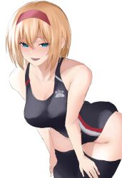 Rule 34 | 1girl, :d, alice margatroid, black one-piece swimsuit, black thighhighs, blonde hair, blue eyes, blush, breasts, character name, clothes writing, commentary request, enmimontoria, hairband, highres, large breasts, leaning forward, looking at viewer, one-piece swimsuit, open mouth, red hairband, short hair, simple background, smile, solo, swimsuit, thighhighs, touhou, white background