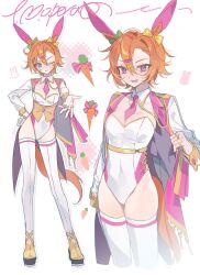 Rule 34 | 1girl, alternate costume, animal ears, breasts, carrot, chachalnene, character name, cleavage, corset, detached collar, fake animal ears, flower, hair between eyes, hair ornament, hairclip, high heels, highres, horse ears, horse girl, horse tail, jacket, jewelry, leotard, long sleeves, multiple rings, multiple views, one eye closed, open mouth, orange hair, purple eyes, rabbit ears, ring, short hair, small breasts, smile, t.m. opera o (umamusume), tail, tailcoat, thighhighs, umamusume, white jacket, white leotard, white thighhighs, yellow flower