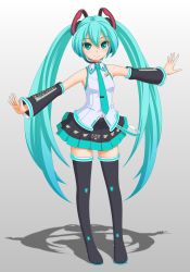 Rule 34 | 1girl, black thighhighs, blush, boots, detached sleeves, green eyes, green hair, hatsune miku, hatsune miku (vocaloid3), long hair, looking at viewer, matching hair/eyes, necktie, outstretched arms, skirt, smile, solo, t2r, thigh boots, thighhighs, twintails, very long hair, vocaloid
