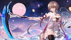 Rule 34 | 1girl, bare shoulders, black thighhighs, breasts, cleavage, clothing cutout, commentary request, flower, hair flower, hair ornament, hair over one eye, highres, holding, holding scythe, honkai (series), honkai impact 3rd, large breasts, looking at viewer, mole, mole under eye, moon, navel, navel cutout, rita rossweisse, rita rossweisse (artemis), scythe, short hair, smile, solo, thighhighs, tsubasa19900920, white flower