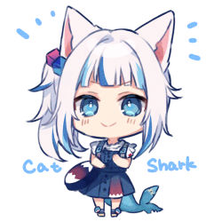 Rule 34 | 1girl, animal ears, blue eyes, blue hair, blush, cat ears, chibi, gawr gura, gawr gura (casual), hololive, hololive english, looking at viewer, multicolored hair, nitumaruta, official alternate costume, side ponytail, silver hair, smile, solo, streaked hair, virtual youtuber