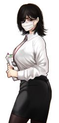 Rule 34 | 1girl, ass, black hair, black nails, black skirt, blouse, bra visible through clothes, breasts, brown pantyhose, clipboard, closed mouth, collared shirt, covered mouth, eyeshadow, fingernails, from side, grey eyes, hair over one eye, highres, holding, holding clipboard, hoshi san 3, id card, lanyard, large breasts, long sleeves, looking at viewer, makeup, mask, medium hair, mole, mole under eye, mouth mask, nail polish, office lady, original, pantyhose, pencil skirt, shirt, simple background, skirt, solo, standing, surgical mask, white background, white mask, white shirt, wing collar