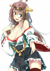 Rule 34 | 10s, 1girl, :d, b-ginga, bare shoulders, blue eyes, blush, boots, breasts, brown hair, detached sleeves, double bun, frilled skirt, frills, hair ornament, hairband, headband, headgear, japanese clothes, kantai collection, kongou (kancolle), long hair, miko, nontraditional miko, open mouth, personification, ribbon-trimmed sleeves, ribbon trim, skirt, smile, solo, thigh boots, thighhighs, wide sleeves, zettai ryouiki