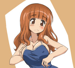 Rule 34 | 1girl, blue one-piece swimsuit, blunt bangs, blush, breasts, breasts squeezed together, cleavage, closed mouth, commentary, covered erect nipples, frown, girls und panzer, kumagapaniti, large breasts, long hair, looking at viewer, one-piece swimsuit, orange eyes, orange hair, school swimsuit, solo, swimsuit, takebe saori, tearing up, upper body