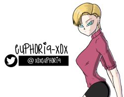 Rule 34 | 1girl, android, android 18, blonde eyebrows, blonde hair, blue eyes, cowboy shot, dragon ball, dragonball z, euphoria-xox, short hair, solo, standing, tomboy, white background